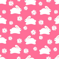 Seamless pattern of white bunnies on pink background with floral elements