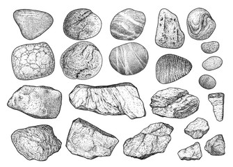 Rock, pebble illustration, drawing, engraving, ink, line art, vector
