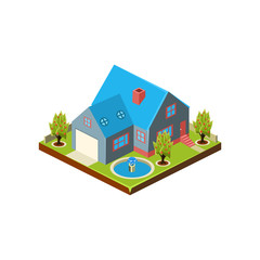 Isometric icon representing modern house with backyard