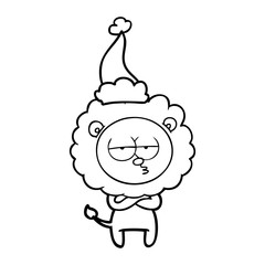 line drawing of a tired lion wearing santa hat