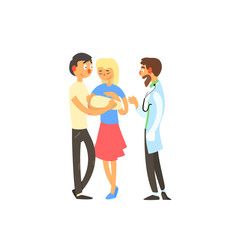 Obraz premium Young family, mum and dad on reception at the doctor with baby