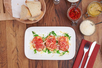 Italian Bruschetta with tomatoes Salsa in the restaurant to eat 