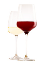 White and red wine in a glass. Isolated white background.