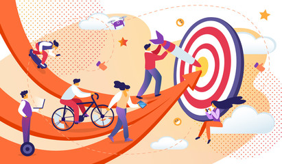 Business People Moving by Arrows to Common Target.