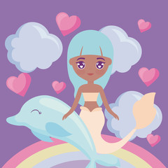 cute mermaid with dolphin and rainbow