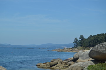Estuary With Mussel Hatcheries In Its Interior In Arosa Island. Nature, Architecture, History, Travel. August 18, 2014. Isla De Arosa, Pontevedra, Galicia, Spain.