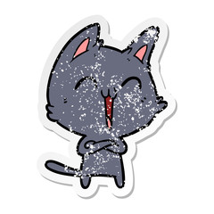 distressed sticker of a happy cartoon cat meowing