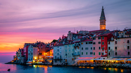 Rovinj colorful town Croatia, sunset Rovinj historical town with church and ocean © Fokke Baarssen