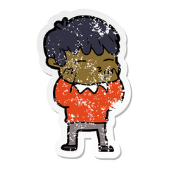 distressed sticker of a cartoon curious boy
