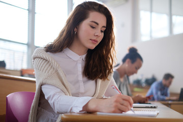 Beautiful girl taking notes in multinational group of students in an auditorium