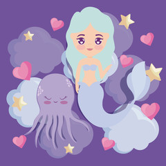 cute mermaid with octopus and hearts