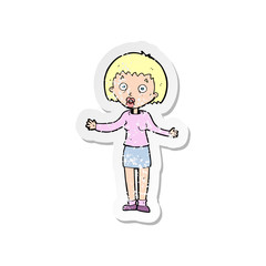 retro distressed sticker of a cartoon woman making excuses