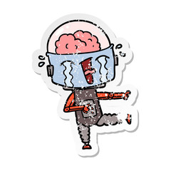 distressed sticker of a cartoon crying robot pointing