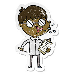 distressed sticker of a cartoon boy wearing spectacles with clip board