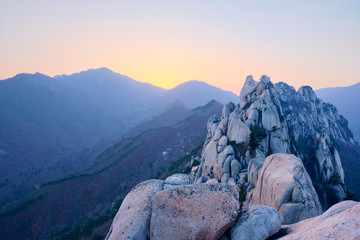 View from Ulsanbawi rock peak on sunset. Seoraksan National Park, South Corea