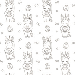 Fototapeta premium cute cartoon black and white easter unicorn with egg holiday seamless vector pattern background illustration 