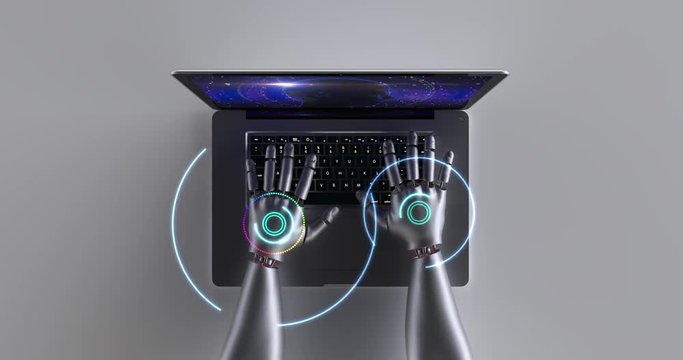 Advanced robot hands using laptop computer. Technology related 4K computer animation. Perfect Loop.