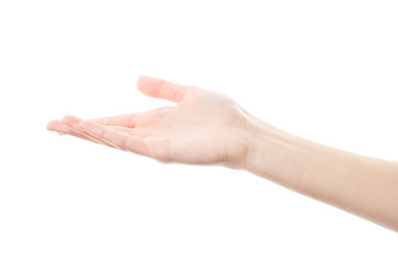 Female hand isolated on white background. White woman's hand showing symbols and gestures. Palm
