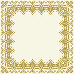 Classic vector square frame with arabesques and orient golden elements. Abstract ornament with place for text. Vintage pattern