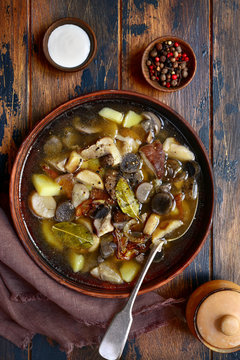 Soup With Fresh White Mushrooms And Potato - Traditional Dish Of Russian Cuisine.Top View With Copy Space.