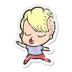 distressed sticker of a cartoon pretty hipster girl