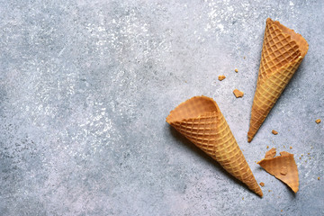 Homemade empty waffle cones for ice cream.Top view with copy space.