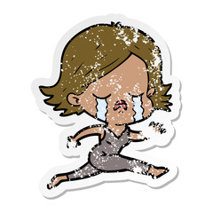 distressed sticker of a cartoon girl crying whilst running