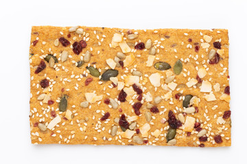 Rye bread slice on a white background.