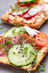 Sandwiches with cream cheese, vegetables and salami.