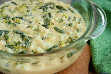 Broccoli, green beans and cauliflower in a sauce. Cooking casserole of vegetables and sauce. Dietary food in the form of cauliflower, broccoli and green beans.