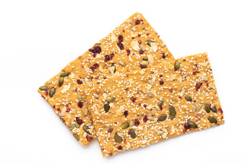 Rye bread slice on a white background.