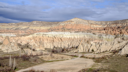 Panoramic view of the stone formations in the Red Valley of Cappadocia, Turkey