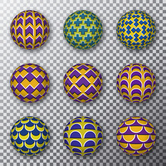 Motley rotating balls on a transparent background. Set of patterned spheres with visual motion illusion.