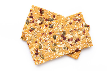Rye bread slice on a white background.