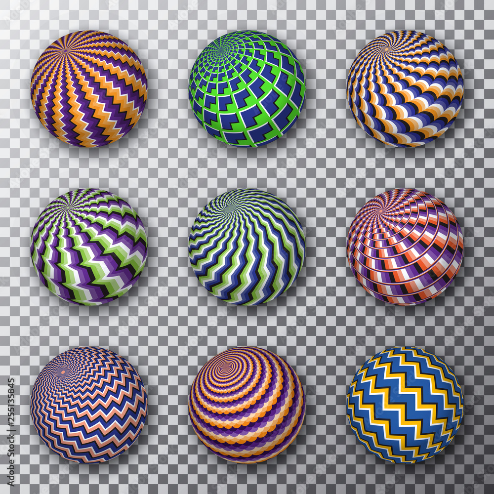 Aufkleber motley rotating balls on a transparent background. set of patterned spheres with optical illusion ef