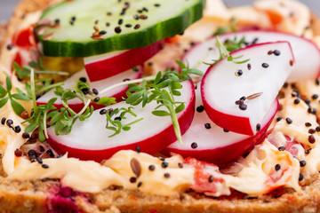 Sandwiches with cream cheese, vegetables and salami.