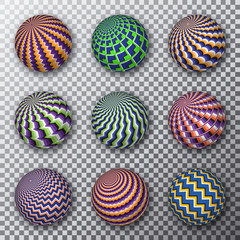Motley rotating balls on a transparent background. Set of patterned spheres with optical illusion effect.