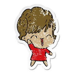 distressed sticker of a cartoon laughing woman