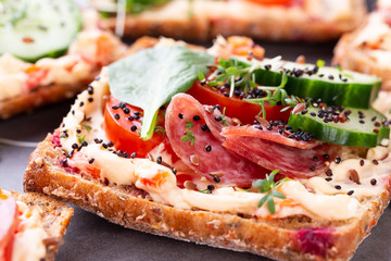 Sandwiches with cream cheese, vegetables and salami.