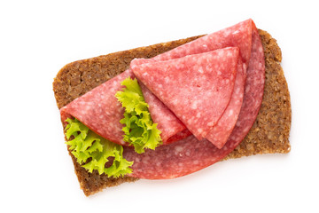 Sandwich with salami sausage on white background.
