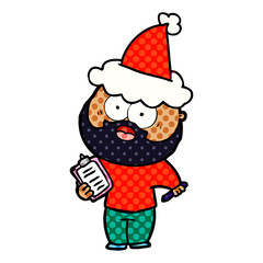 comic book style illustration of a bearded man with clipboard and pen wearing santa hat