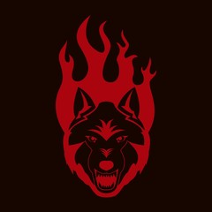 Color illustration on dark background wolf with grin in fire