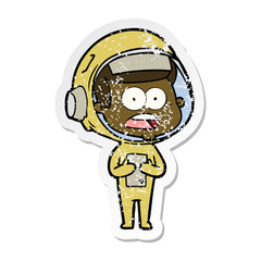 distressed sticker of a cartoon surprised astronaut
