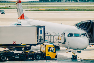 Jet airplane on the runway prior to departure