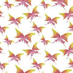 Butterfly watercolor pattern. Hand drawn yellow and red butterflys on a transparent background. Bright seamless vector pattern without background.