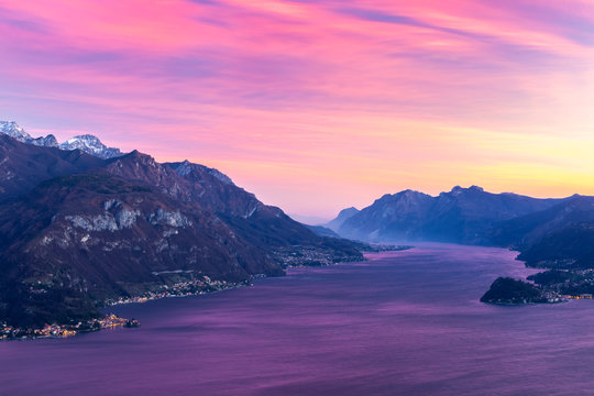 View of Bellagio, Varenna and the Lecco branch of Como Lake from Breglia during a winter sunset. Plesio, Como Lake, Lombardy, Italy.