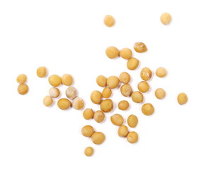 Yellow mustard seeds macro isolated on white, top view