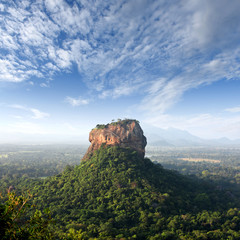 Fototapeta na wymiar panorama Sunrise view to Sigiriya rock - Lion Rock - from Pidurangala Rock in Sri Lanka