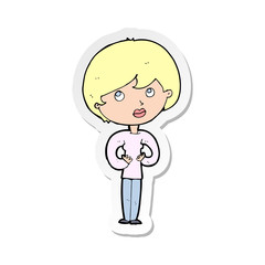sticker of a cartoon woman making Who Me gesture