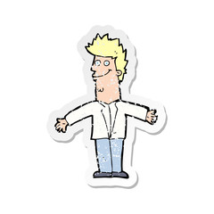 retro distressed sticker of a cartoon happy man with open arms